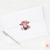 Highland Koe met roze bloemen Vierkante Sticker (Envelop)