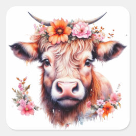 Highland Koe met roze bloemen Vierkante Sticker