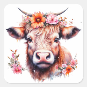 Highland Koe met roze bloemen Vierkante Sticker