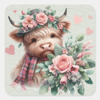 Highland Koe met Rozen Headress Boeket Valentijn Vierkante Sticker