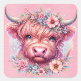 Highland Koe met Rozen Headress Vierkante Sticker