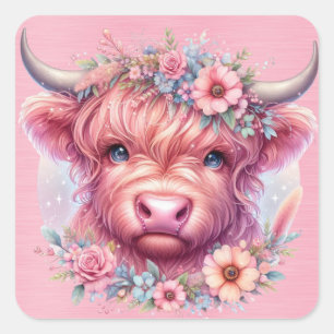 Highland Koe met Rozen Headress Vierkante Sticker