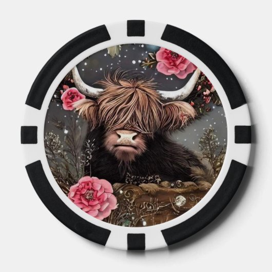 Highland Koe met Rozen Poker Chips (Voorkant)