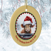 Highland Koe met Schattigee Santa Hat n Naam Chris Keramisch Ornament