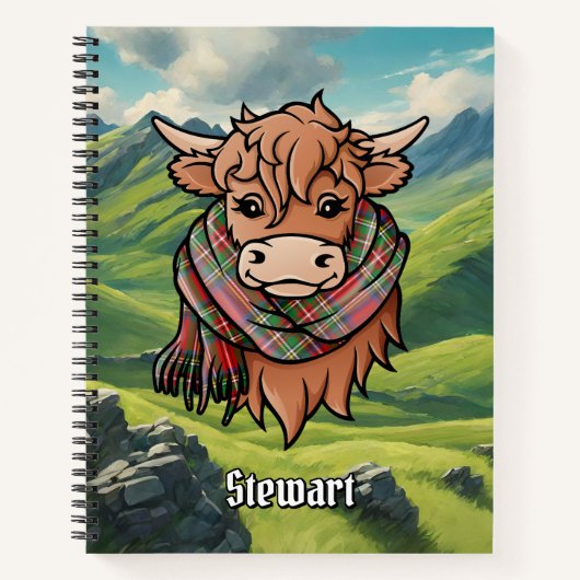 Highland Koe met Stewart Royal Tartan Sjaal Notitieboek (Voorkant)
