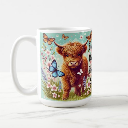 Highland Koe met vlinders en voorjaarsbloemen Koffiemok (Links)