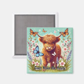 Highland Koe met vlinders en voorjaarsbloemen Magneet (Voorkant / Achterkant)