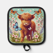 Highland Koe met vlinders en voorjaarsbloemen Pannenlap (Voorkant)