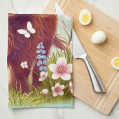 Highland Koe met vlinders en voorjaarsbloemen Theedoek (Quarter Fold)