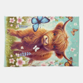 Highland Koe met vlinders en voorjaarsbloemen Theedoek (Horizontaal)