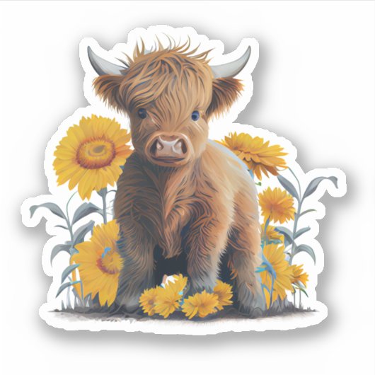 Highland Koe met Zonnebloemen Custom Cut Vinyl Sticker (Voorkant)