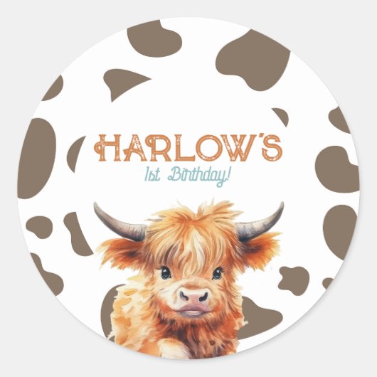 Highland Koe Mijn eerste Rodeo verjaardagsfeestje Ronde Sticker (Voorkant)
