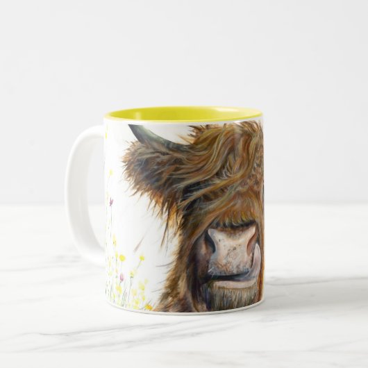Highland Koe Mok, Schotse Koe met bloemen, Alfi Tweekleurige Koffiemok (Voorkant links)