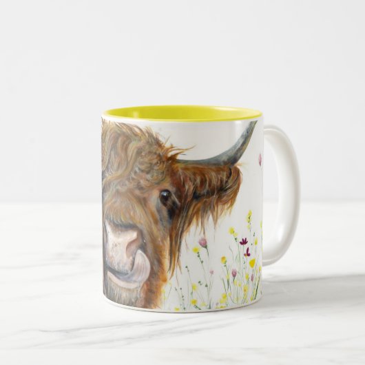 Highland Koe Mok, Schotse Koe met bloemen, Alfi Tweekleurige Koffiemok (Voorkant rechts)