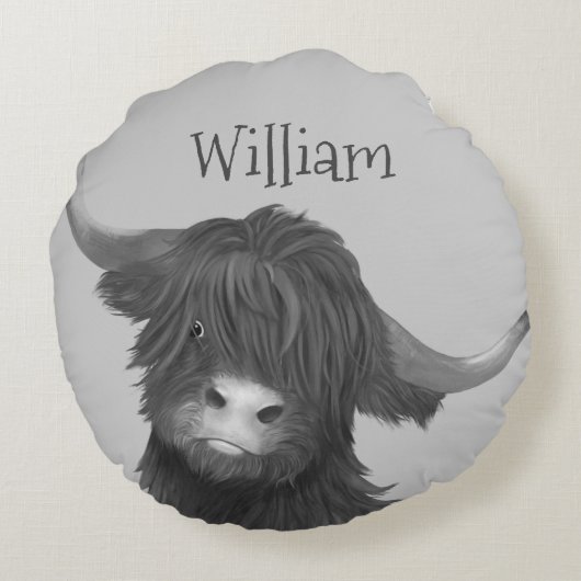 Highland Koe Naam Rond Kussen (Achterkant)