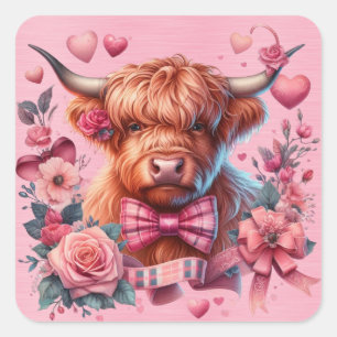Highland Koe omgeven door  bloemen Vierkante Sticker