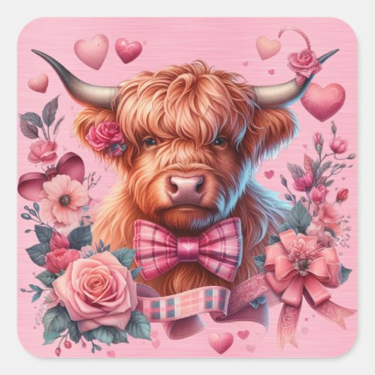 Highland Koe omgeven door  bloemen Vierkante Sticker (Voorkant)