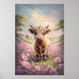 Highland Koe omgeven door roze bloemetjes Poster