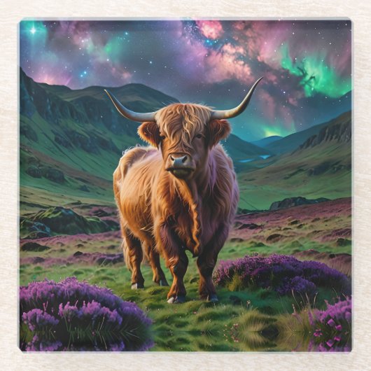 Highland Koe onder de sterren Glazen Onderzetter (Voorkant)