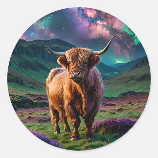 Highland Koe onder de sterren Ronde Sticker (Voorkant)