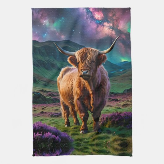 Highland Koe onder de sterren Theedoek (Verticaal)