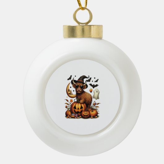 Highland Koe op pompoen Halloween Keramische Bal Ornament (Voorkant)