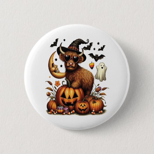 Highland Koe op pompoen Halloween Ronde Button 5,7 Cm (Voorkant)