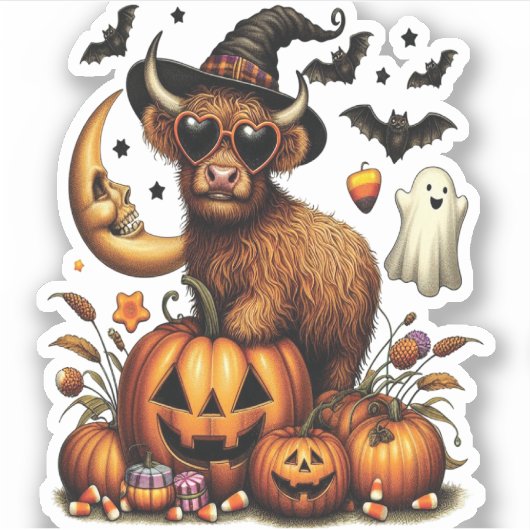 Highland Koe op pompoen Halloween Sticker (Voorkant)