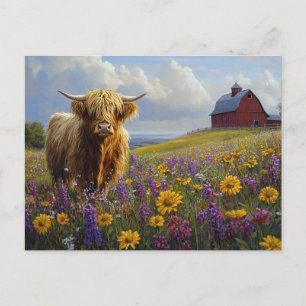 Highland Koe Paarse gele wilde bloemen Briefkaart