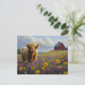 Highland Koe Paarse gele wilde bloemen Briefkaart (Staand voorkant)