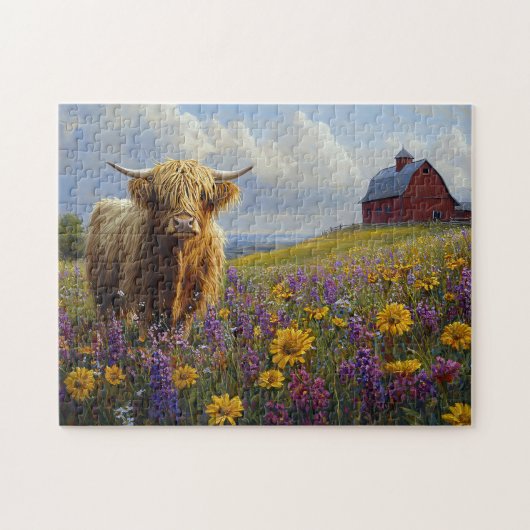 Highland Koe Paarse gele wilde bloemen Legpuzzel (Horizontaal)
