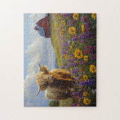 Highland Koe Paarse gele wilde bloemen Legpuzzel (Verticaal)