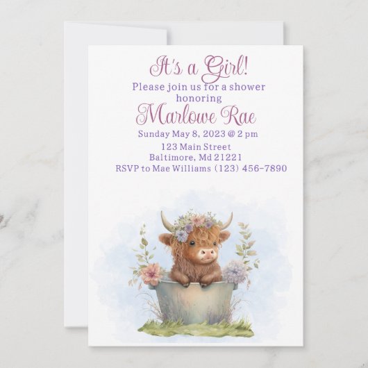 Highland koe paarse, roze, bloemenwaterverf baby kaart (Voorkant)