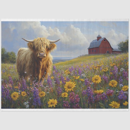 Highland Koe Paarse Yellow Wildflowers Decoupage Tissuepapier (Voorkant)