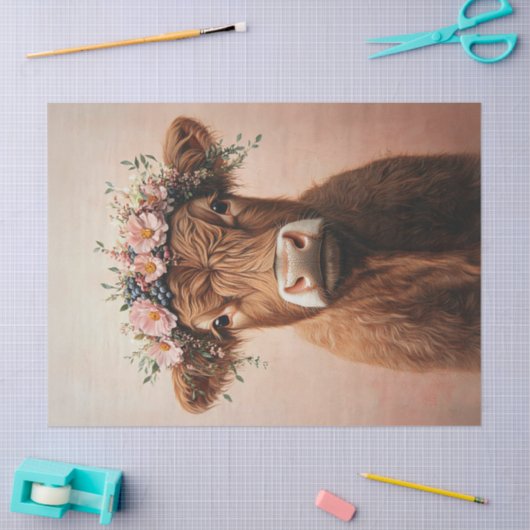 Highland Koe Pink Flower Crown Decoupage Tissuepapier (Craft)