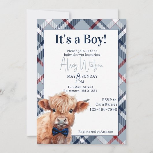 Highland koe plaid baby shower uitnodiging (Voorkant)