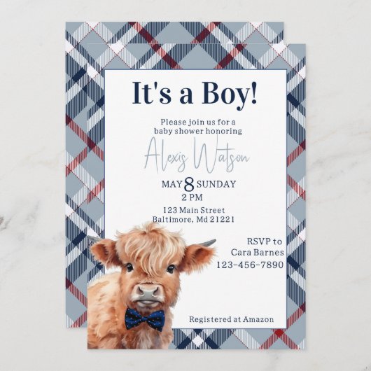 Highland koe plaid baby shower uitnodiging (Voorkant / Achterkant)