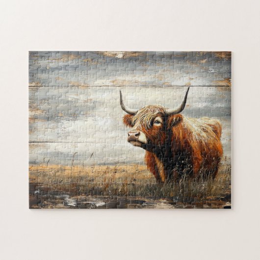 Highland Koe Portret op verweerd hout Legpuzzel (Horizontaal)