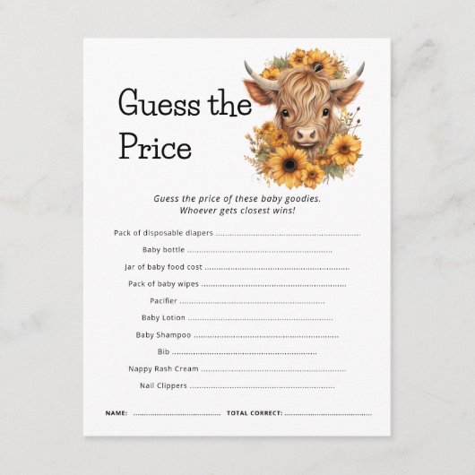Highland Koe Raad de prijs Baby shower spel Kaart (Voorkant)