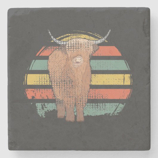 Highland Koe Retro Stenen Onderzetter (Voorkant)