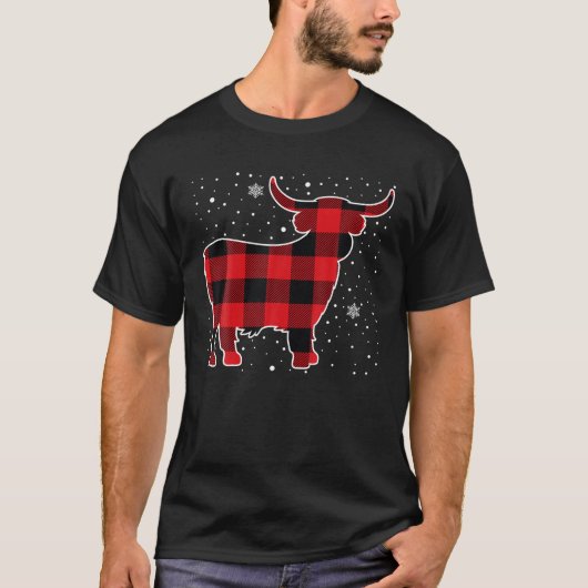Highland Koe Rode Buffel Plaid Kerst Pyjama T-shirt (Voorkant)