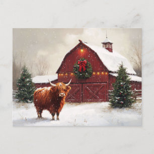 Highland Koe Rode Schuur Kerstkrans Briefkaart