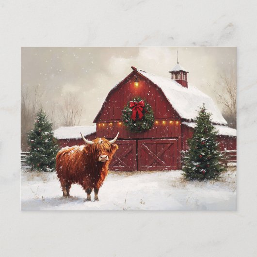Highland Koe Rode Schuur Kerstkrans Briefkaart (Voorkant)