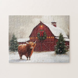 Highland Koe Rode Schuur Kerstkrans Legpuzzel