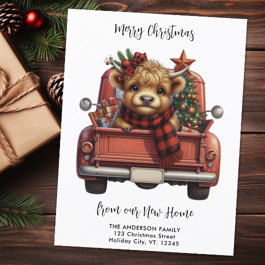 Highland Koe  Rode Truck Vrolijk Kerstfeest Briefkaart