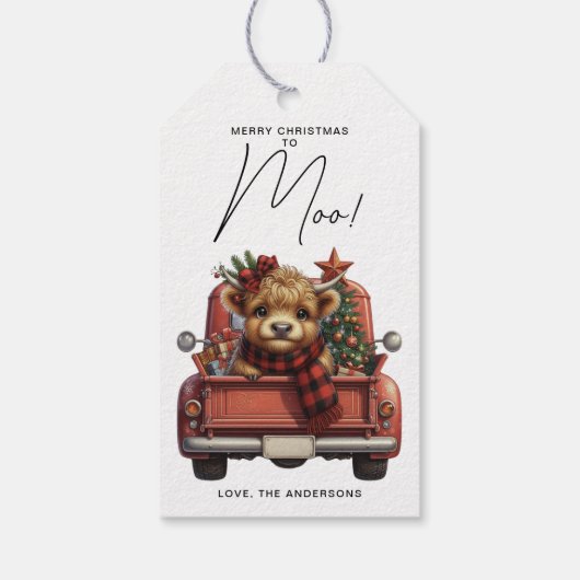 Highland Koe Rode Truck Vrolijk Kerstfeest Cadeaulabel (Achterkant)