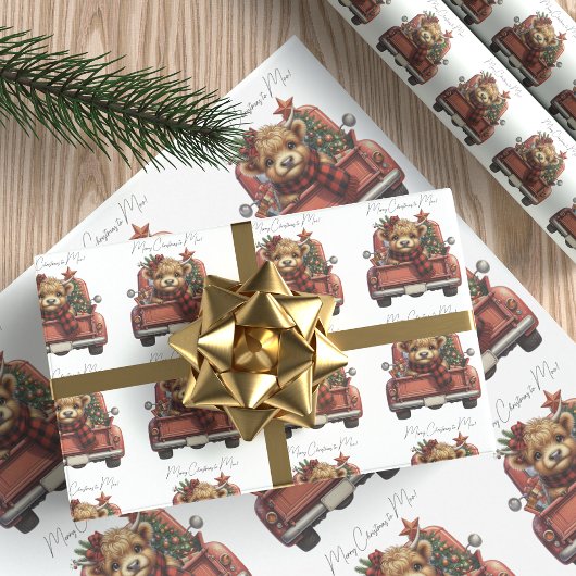 Highland Koe  Rode Truck Vrolijk Kerstfeest Cadeaupapier