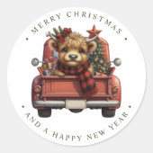 Highland Koe  Rode Truck Vrolijk Kerstfeest Ronde Sticker (Voorkant)