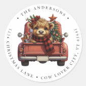 Highland Koe Rode Vrachtwagen Schattige Vakantie R Ronde Sticker (Voorkant)