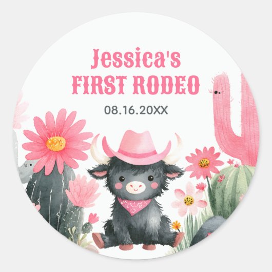 Highland Koe Rodeo Westerne Kinderen eerste verjaa Ronde Sticker (Voorkant)